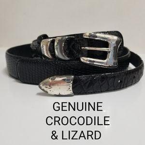 SANTORO Genuine Crocodile & Lizard Belt w/Burnished Metal Buckle Made in Spain